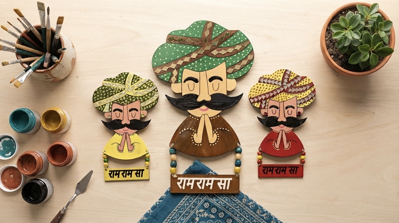 Handmade torans, wall decor and painted magnets arranged on a studio shelf
